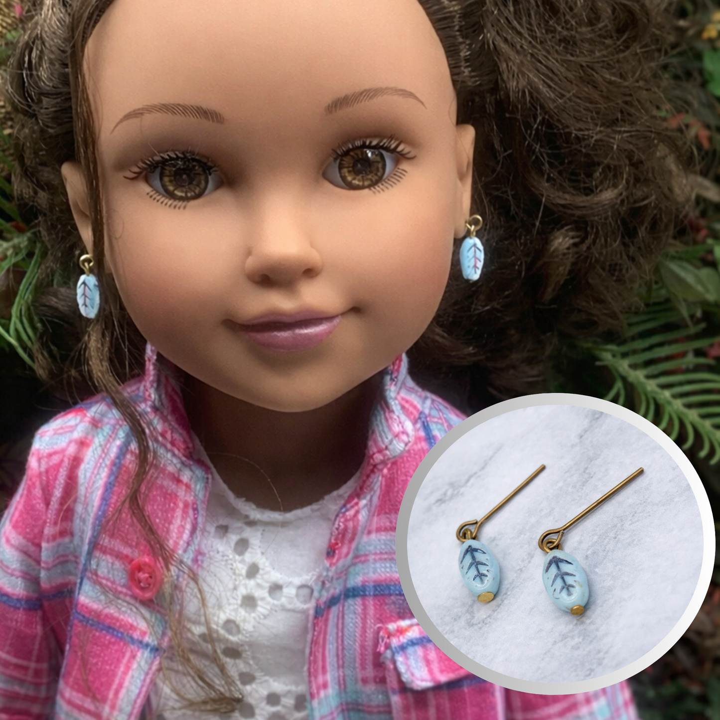 Light Blue Glass Leaf Design Dangle Doll Earrings for 18 Inch Fashion Doll Jewelry • Doll Accessories