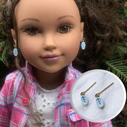 Light Blue Glass Leaf Design Dangle Doll Earrings for 18 Inch Fashion Doll Jewelry • Doll Accessories