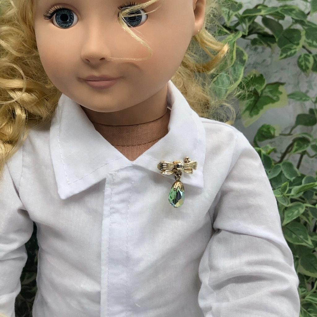 Green Glass Crystal Gold Bow Dangle Doll Pin •  Doll Brooch