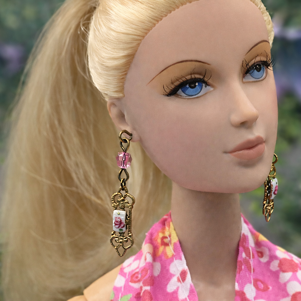 Pink Crystal Rose Design Gold Filigree Dangle Doll Earrings • 16” Doll Jewelry
