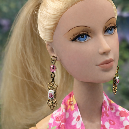 Pink Crystal Rose Design Gold Filigree Dangle Doll Earrings • 16” Doll Jewelry