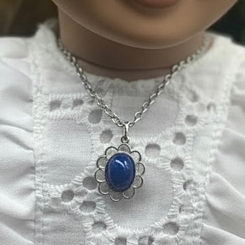 Oval Dark Blue Silver Filigree Pendant Doll Necklace • 18” Fashion Doll Jewelry