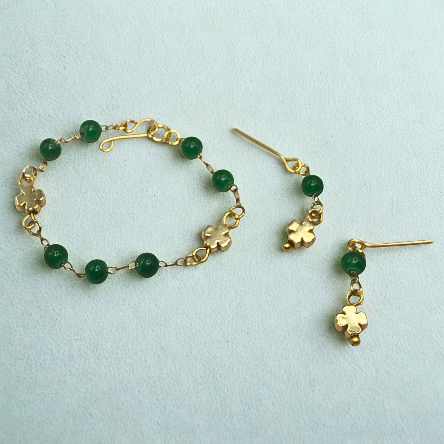 Green Beaded Gold Four- Leaf Clover Charms Doll Necklace & Earrings • 14 Inch Fashion Doll Jewelry