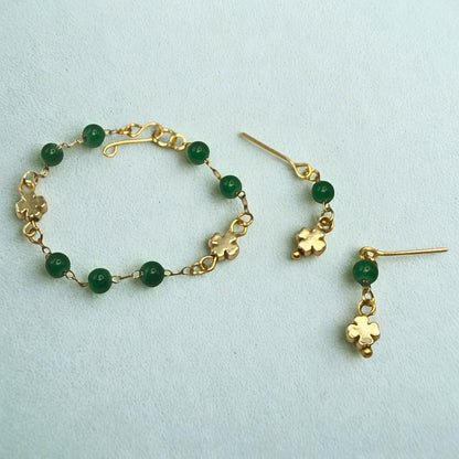 Green Beaded Gold Four- Leaf Clover Charms Doll Necklace & Earrings • 14 Inch Fashion Doll Jewelry