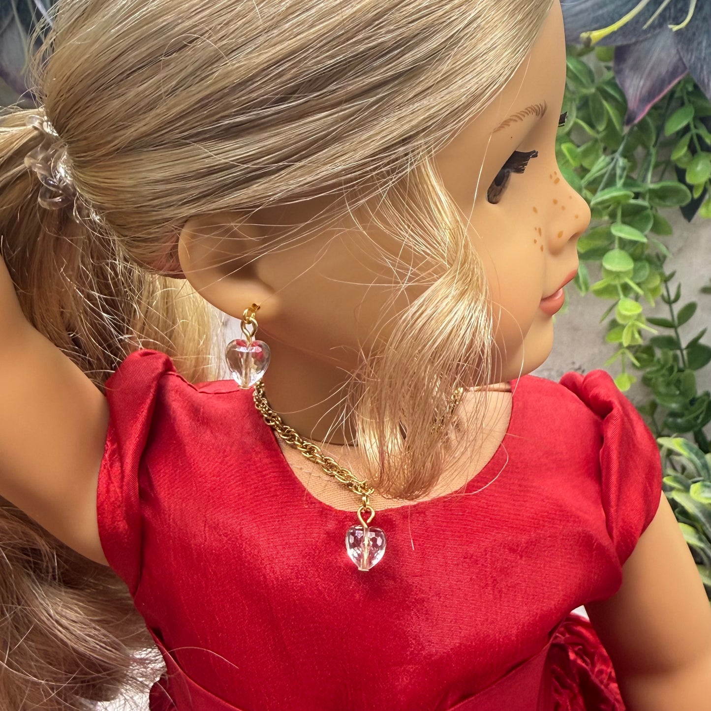 Clear Heart Charm Gold Chain Doll Necklace Bracelet & Earrings • 18 Inch Fashion Doll Jewelry