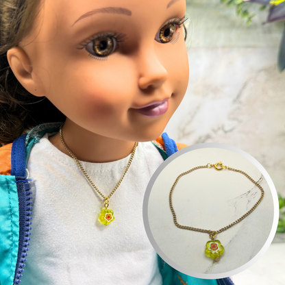 Yellow Translucent Flower Charm Gold Chain Doll Necklace • 18 Inch Fashion Doll Jewelry