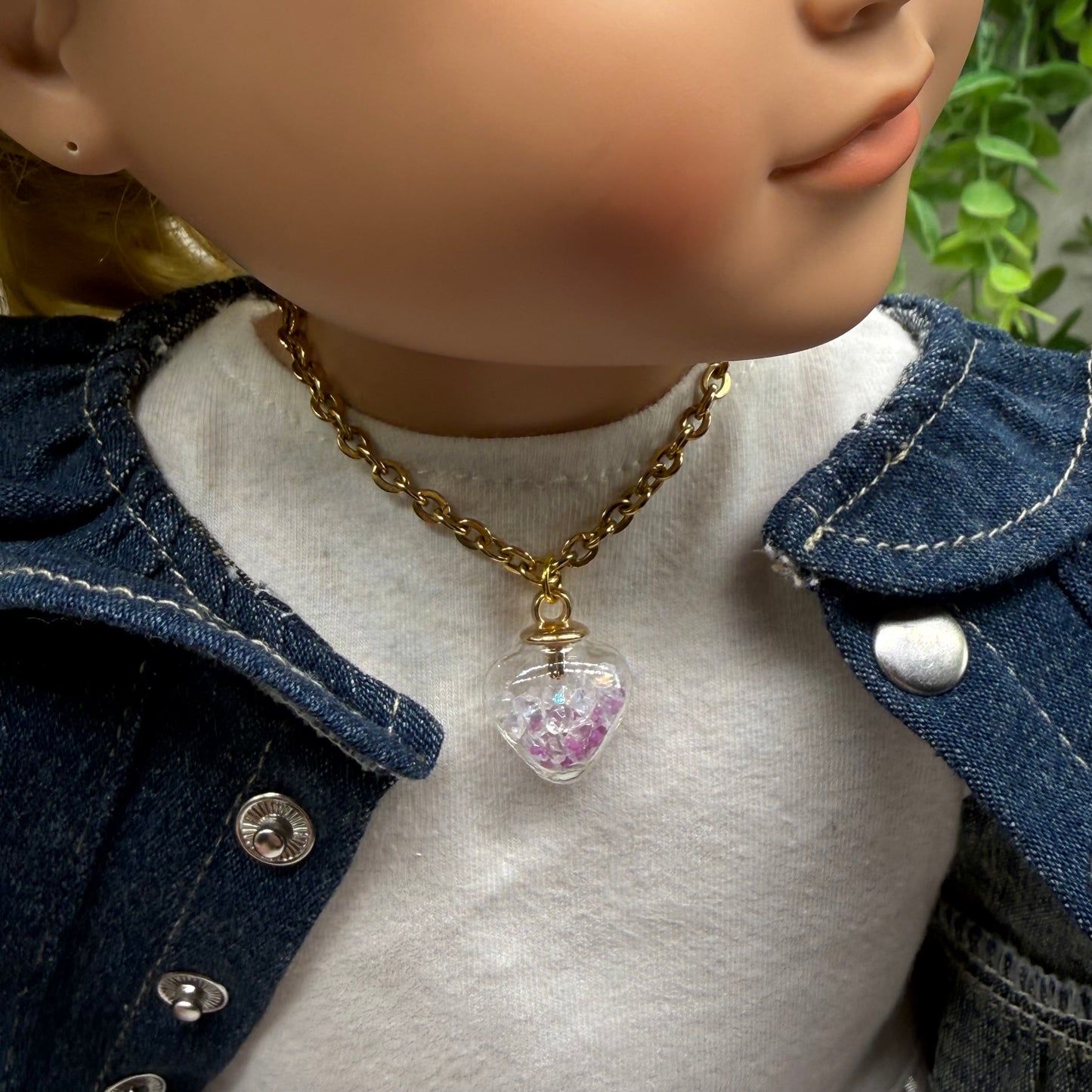 Glass Heart Shaped Pendant w/ Purple Clear Crystals (Glow in Dark) Gold Chain Doll Necklace • 18 Inch Fashion Doll Jewelry