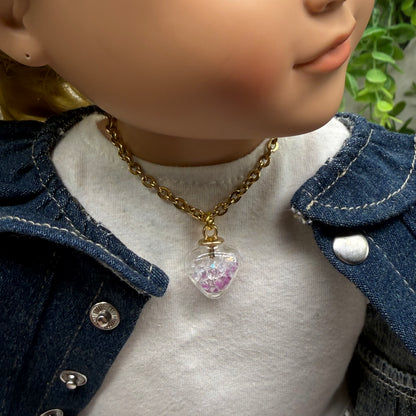 Glass Heart Shaped Pendant w/ Purple Clear Crystals (Glow in Dark) Gold Chain Doll Necklace • 18 Inch Fashion Doll Jewelry
