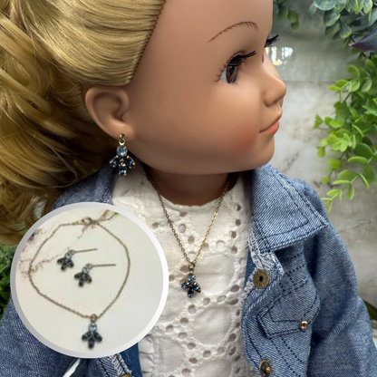 Blue Rhinestone Gold Tone Dangle Doll Earrings and Necklace Set • 18 Inch Fashion Doll Jewelry