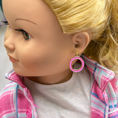 Vibrant Pink Enamel Inlay Gold Hoop Circle Dangle Doll Earrings • 18 Inch Fashion Doll Jewelry