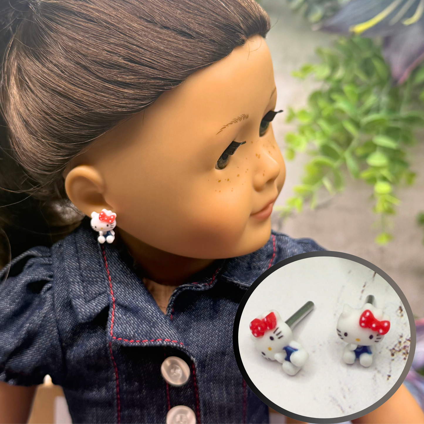 Hello Cat Kitty Red Polka Dot Bow Post Doll Earrings • 2mm Post for 18 Inch Fashion Doll