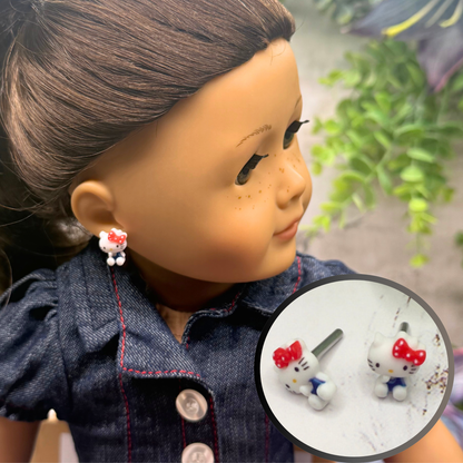Hello Cat Kitty Red Polka Dot Bow Post Doll Earrings • 2mm Post for 18 Inch Fashion Doll