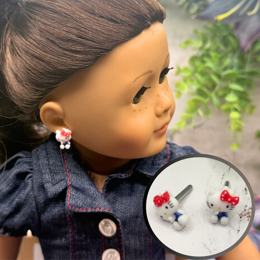 Hello Cat Kitty Red Polka Dot Bow Post Doll Earrings • 2mm Post for 18 Inch Fashion Doll