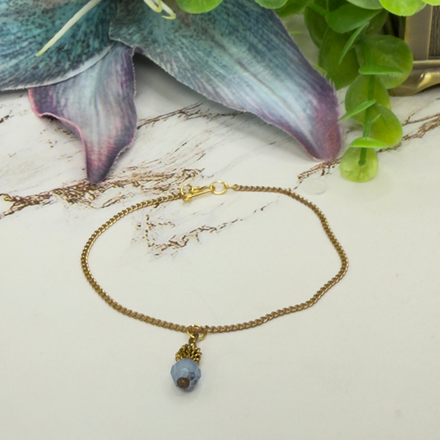 Light Blue Glass Drop Charm Gold Chain Doll Necklace • 18 Inch Fashion Doll Jewelry