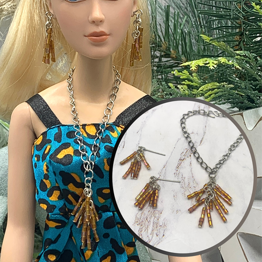 Brown Amber Glass Bead Tassel Style Doll Necklace Earring Set • 16” Doll Jewelry
