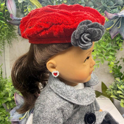 Red Rhinestone Heart Silver Post Doll Earrings • 2mm Post for 18 Inch Fashion Doll