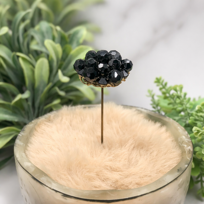 Hatpin - Stick Pin • Black Faceted Crystal Bead Cluster Gold Filigree Base - 3”