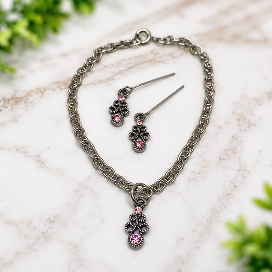 Pink Rhinestone Gun Metal Design Doll Necklace Earring Set • 18” Doll Jewelry