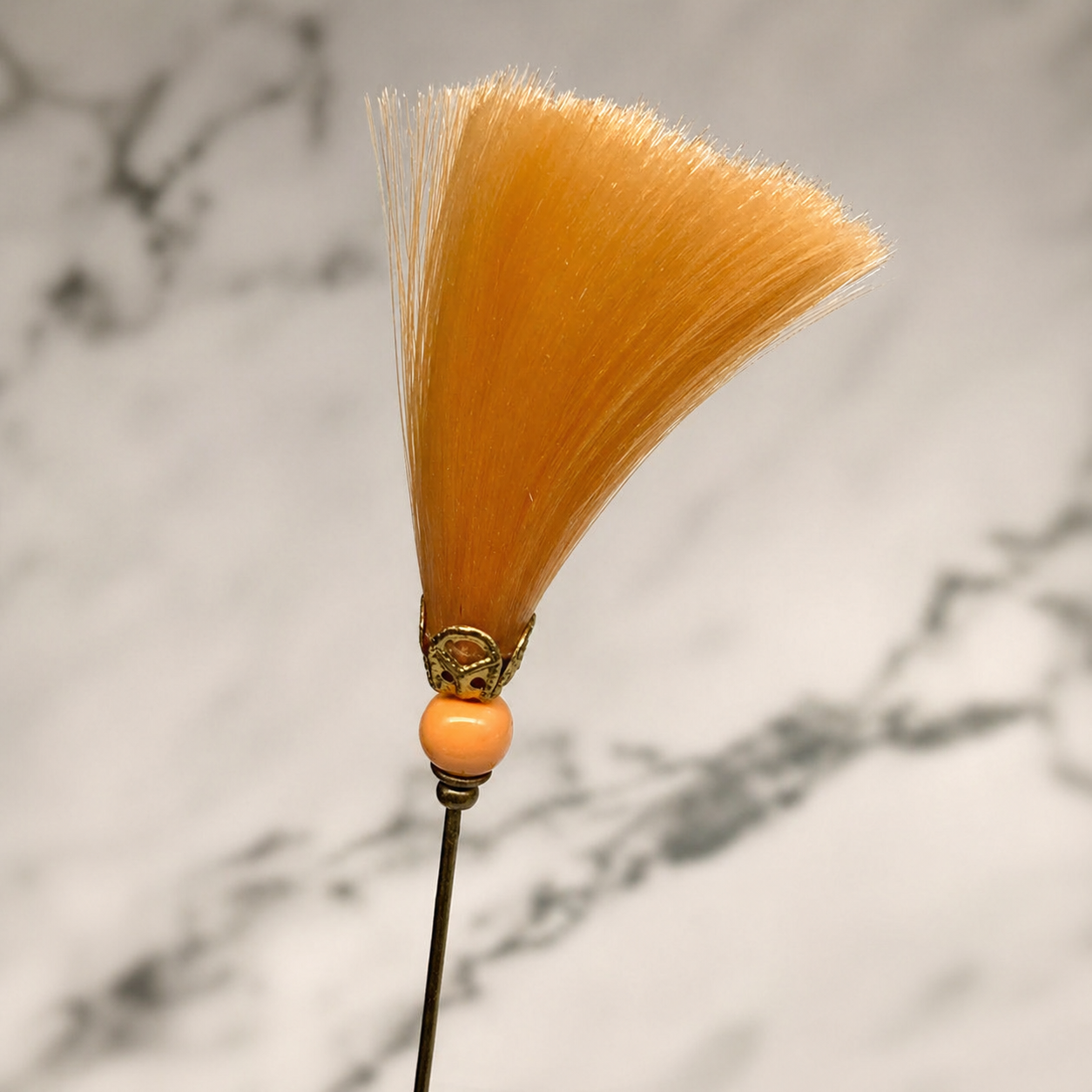 Peach Orange Fiber Tassel Broom Gold Tone Filigree • 7.25” Hatpin - Stick Pin