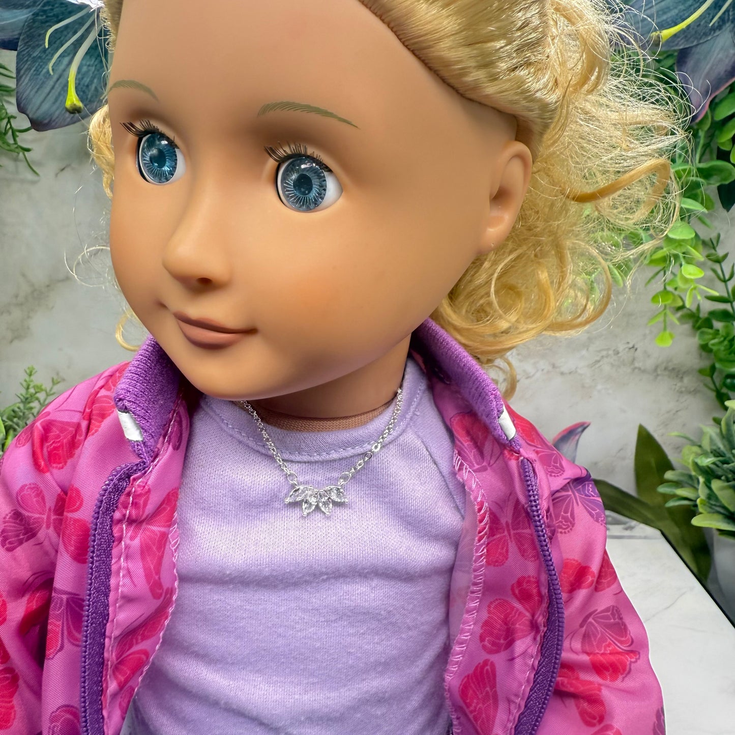 Clear Crystal Rhinestone Petals Shape Pendant Silver Doll Necklace • 18 Inch Fashion Doll Jewelry