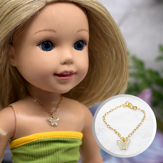 Clear Acrylic Butterfly Charm Gold Chain Doll Necklace for 14 Inch Fashion Dolls