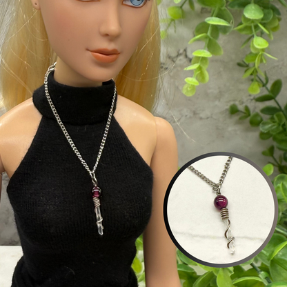 Crystal Quartz & Red Glass Silver Pendant Necklace • 16” Fashion Doll Jewelry
