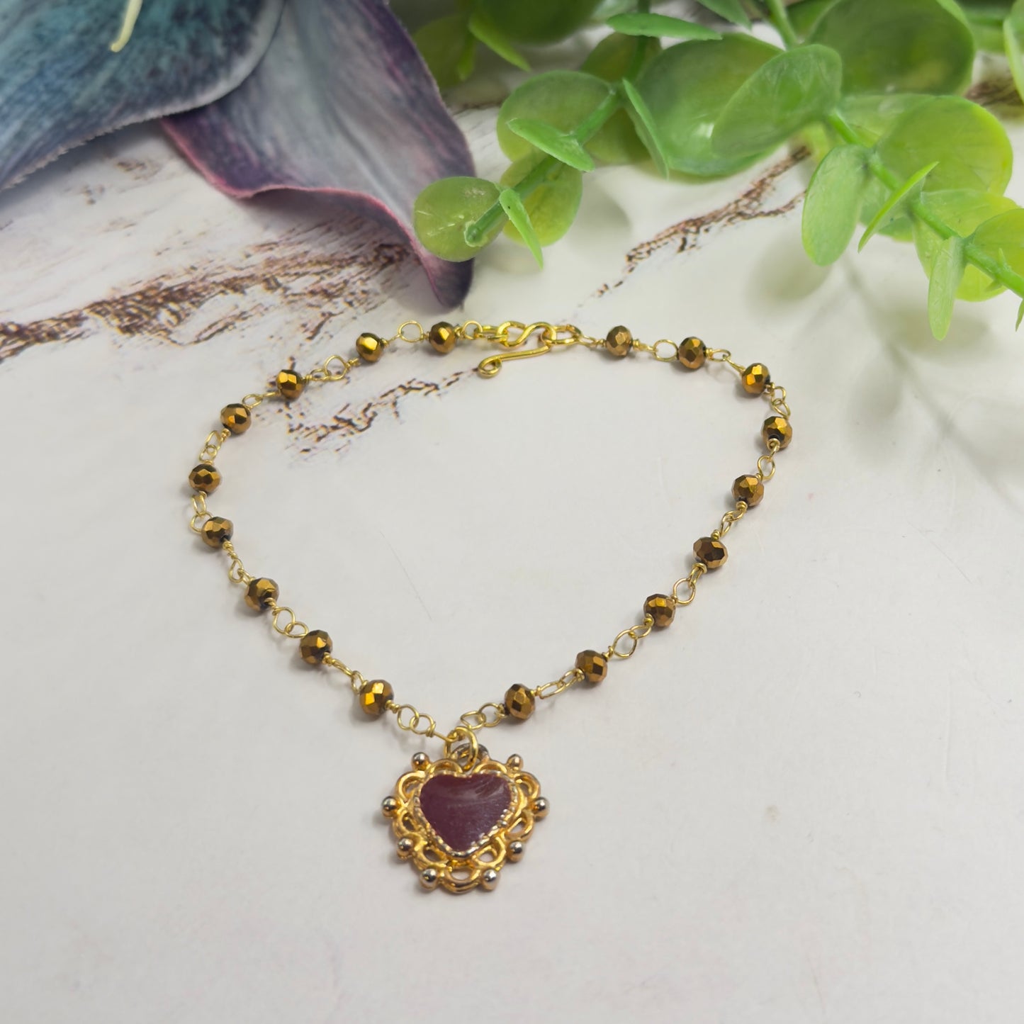 Gold Bronze Glass Crystal Beaded Maroon Red Heart Pendant Doll Necklace • 18 Inch Fashion Doll Jewelry
