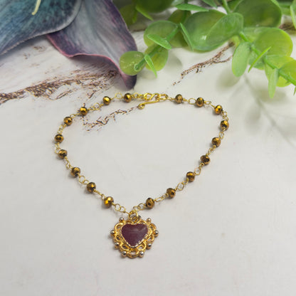 Gold Bronze Glass Crystal Beaded Maroon Red Heart Pendant Doll Necklace • 18 Inch Fashion Doll Jewelry