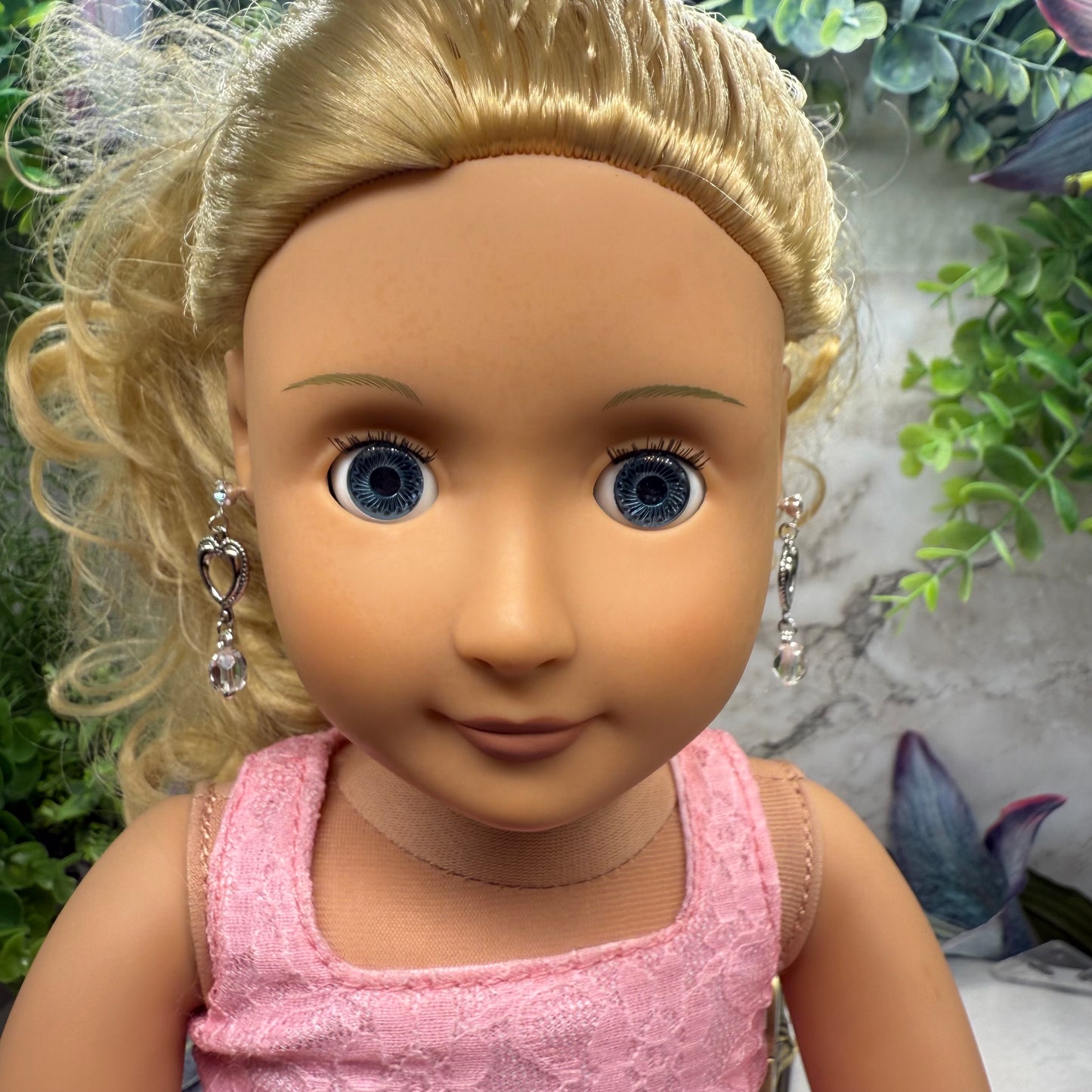 Silver Heart Clear Crystal Dangle Doll Earrings • 18 Inch Fashion Doll Jewelry