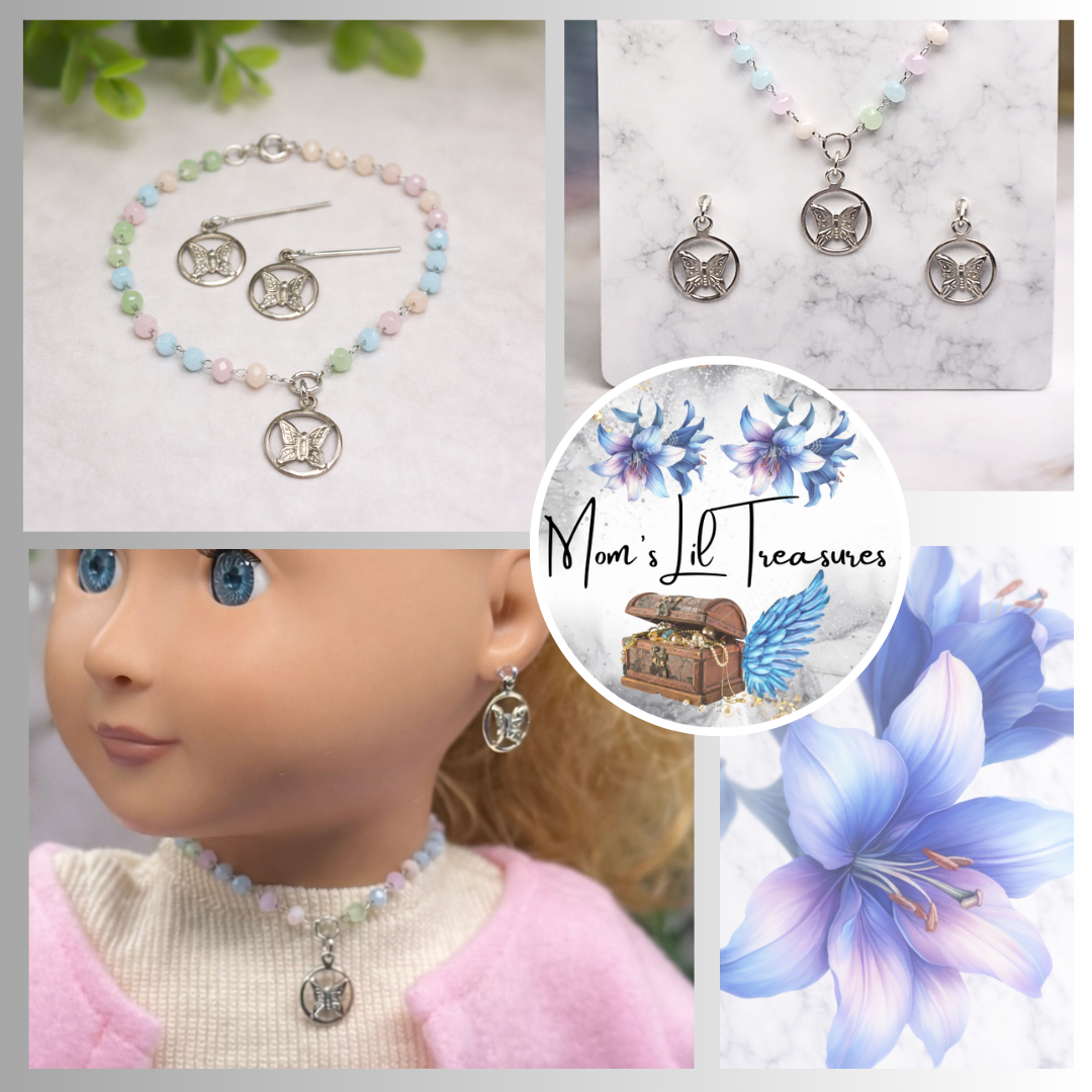 Pastel Blue Pink Green Glass Bead Silver Butterfly Charm Doll Necklace & Earrings Set • 18 Inch Fashion Doll Jewelry