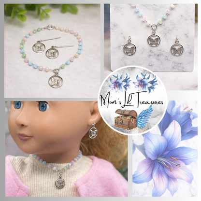 Pastel Blue Pink Green Glass Bead Silver Butterfly Charm Doll Necklace & Earrings Set • 18 Inch Fashion Doll Jewelry