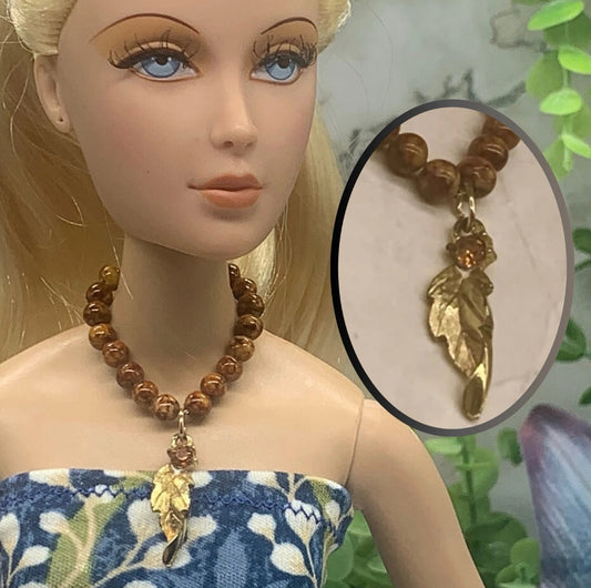 Brown Beaded Gold Feather Doll Necklace • 16” Fashion Doll Jewelry