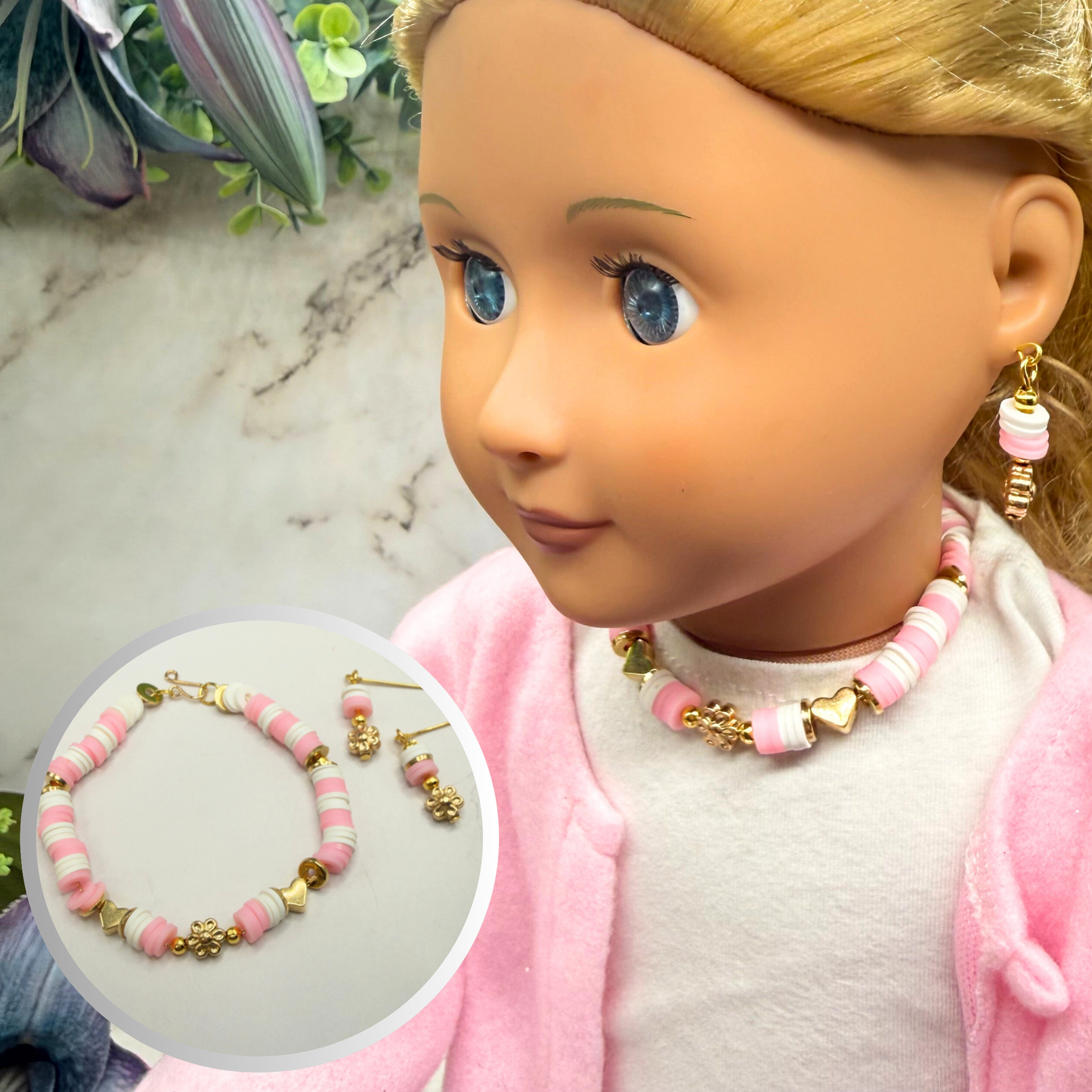 Pink White Disk Beaded Gold Flower Heart Doll Necklace & Earrings • 18 Inch Fashion Doll Jewelry