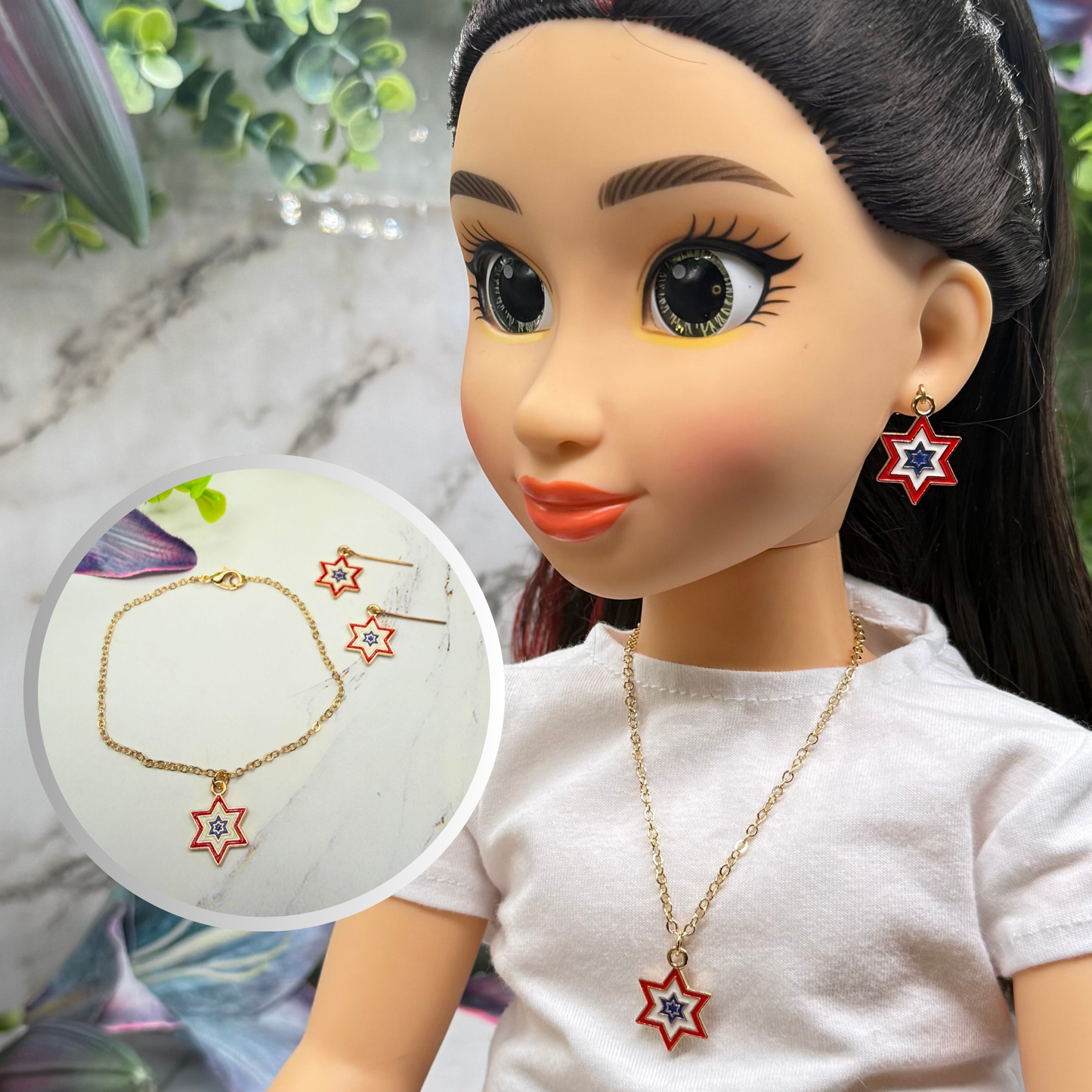 Red White Blue Star Charm Doll Necklace & Earrings Set for 18 Inch Fashion Doll