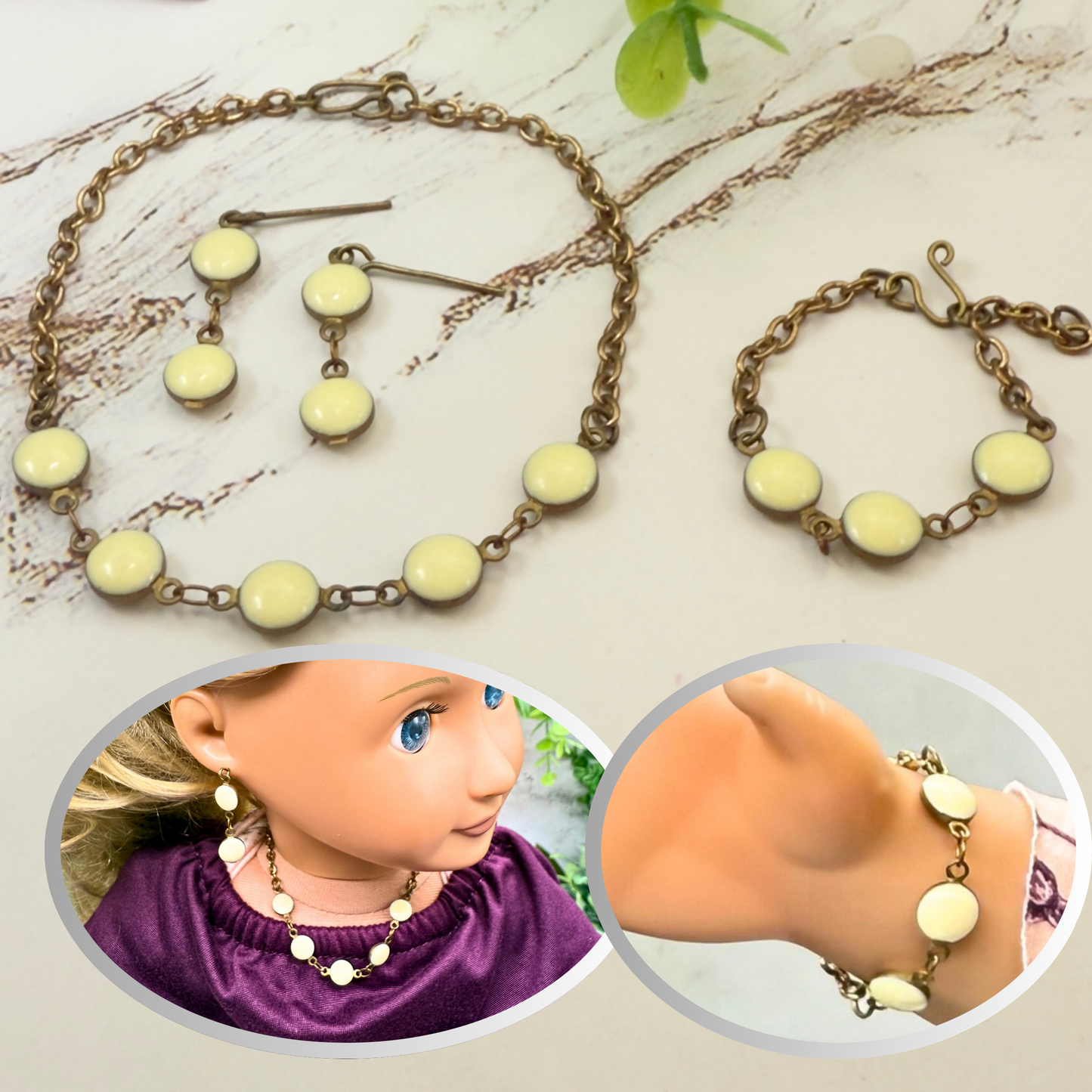Cream Color & Brass Bronze Tone Round Link Doll Necklace Bracelet Earrings • 18 Inch Fashion Doll Jewelry