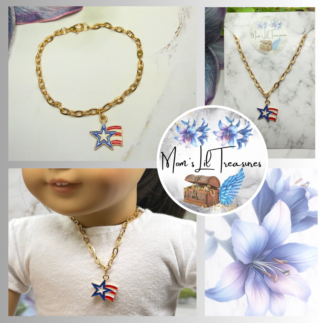 American Flag Star Charm Red White Blue Doll Necklace for 18 Inch Fashion Doll