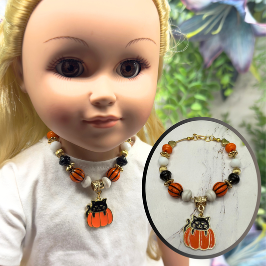 Cat in Pumpkin Charm Halloween Beaded Doll Necklace • 18 Inch Fashion Doll Jewelry