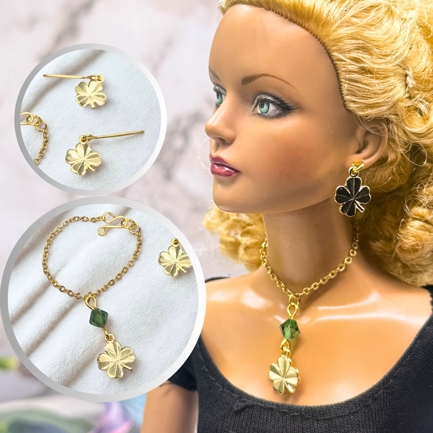 Clover Charm Green Crystal Pendant Gold Chain Doll Necklace • 16 Inch Fashion Doll Jewelry