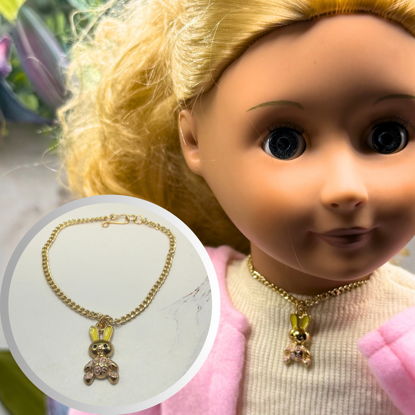Bunny Yellow & Pink Enamel Detail Charm Doll Necklace Easter • 18 Inch Fashion Doll Jewelry