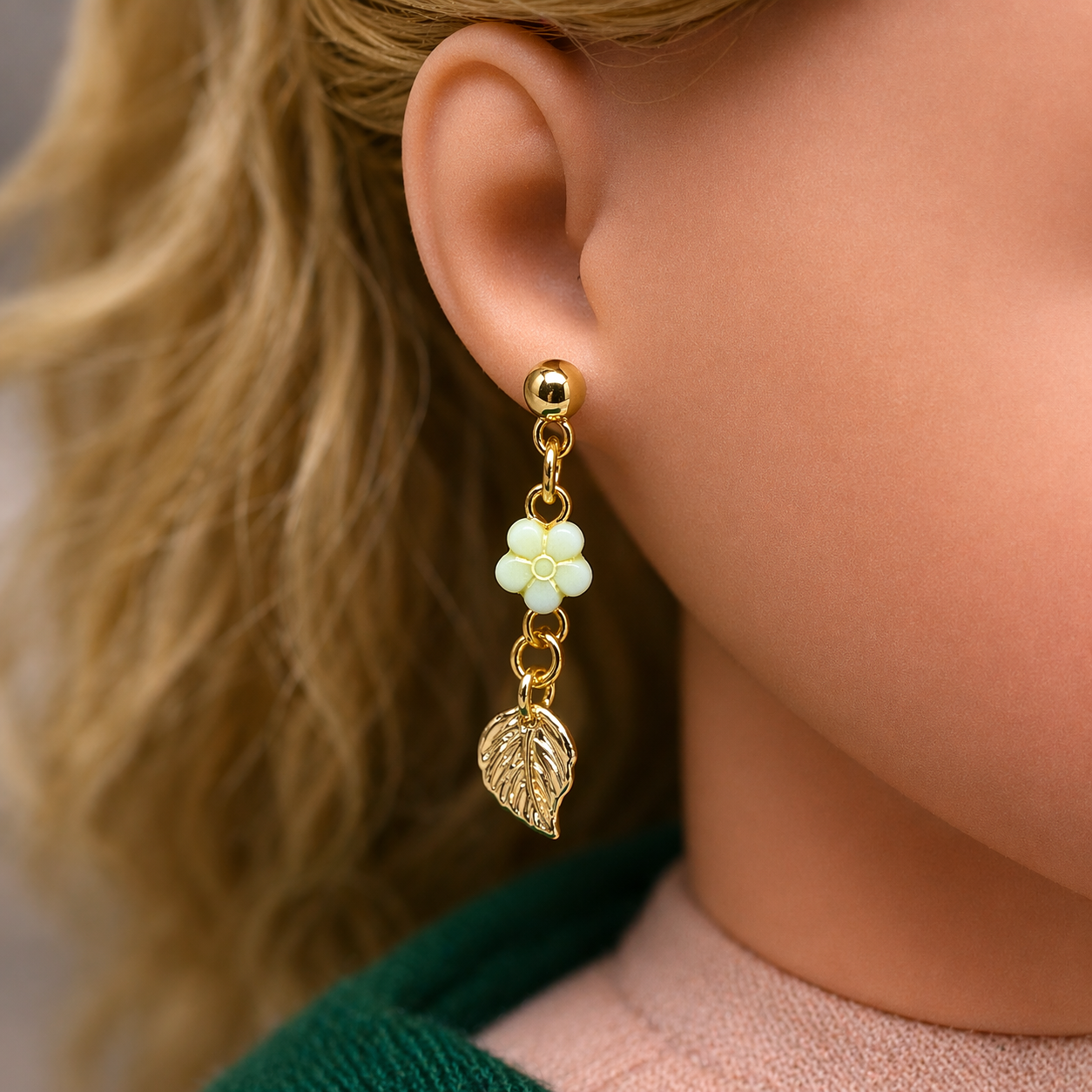 Light Green Flower Gold Leaf Dangle Doll Earrings for 18 Inch Doll Jewelry