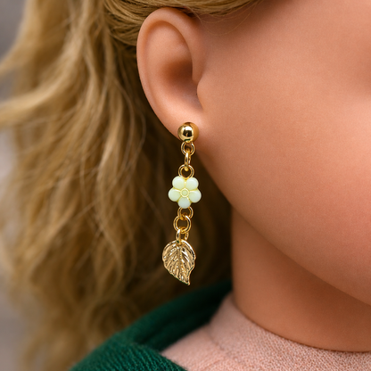 Light Green Flower Gold Leaf Dangle Doll Earrings for 18 Inch Doll Jewelry