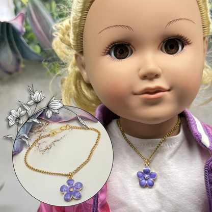 Purple Flower Charm Gold Chain Doll Necklace • 18 Inch Fashion Doll Jewelry