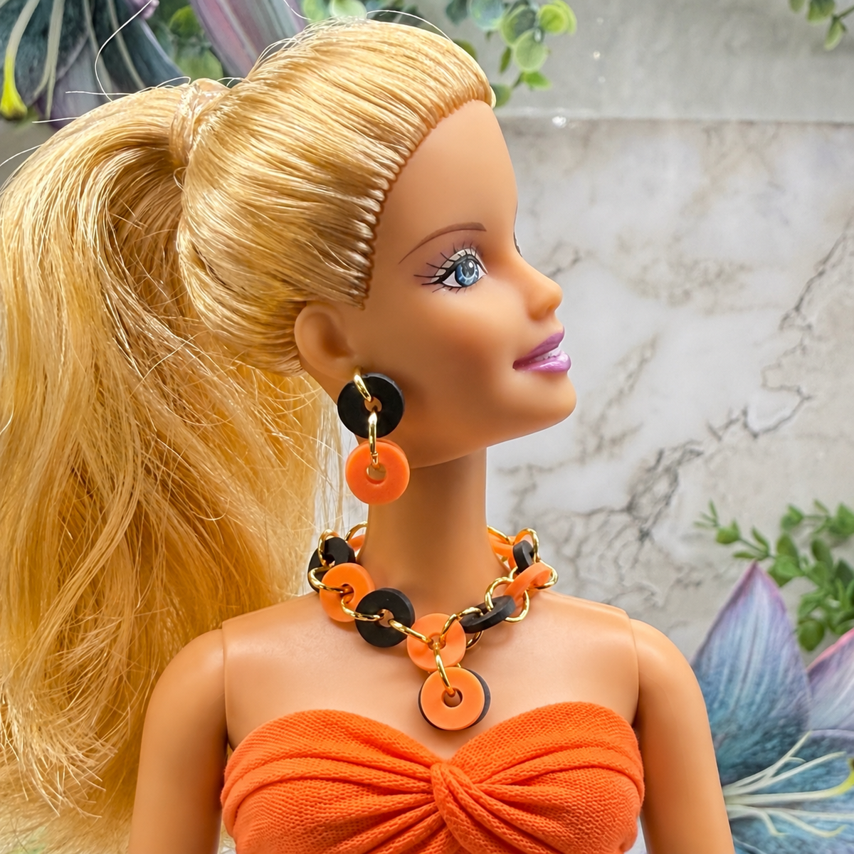 Orange Black Circle Design Earrings and Necklace | for 10-12 Inch 1:6 Fashion Doll