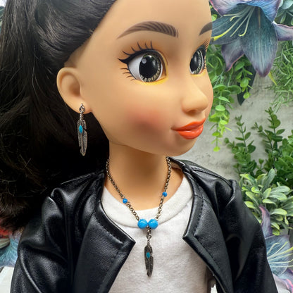 Turquoise Blue Silver Feather Dangle Charm Doll Necklace & Earrings • 18 Inch Fashion Doll Jewelry