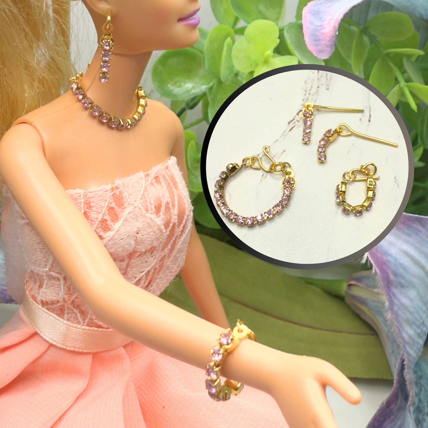 Pink Rhinestone Doll Necklace Bracelet Earrings Set • 10-12” 1:6 Fashion Doll Jewelry