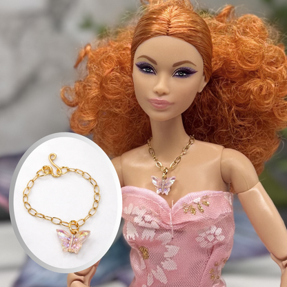 Light Pink Acrylic Butterfly Charm Gold Doll Necklace for 10-12 Inch Fashion Dolls 1:6
