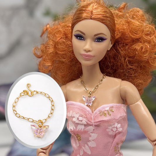 Light Pink Acrylic Butterfly Charm Gold Doll Necklace for 10-12 Inch Fashion Dolls 1:6