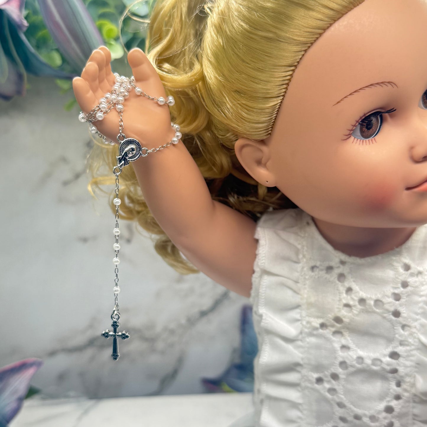 White Pearl Beaded Silver Chain & Cross • Doll Size Catholic Rosary for 18-22” Fashion or Vintage Dolls