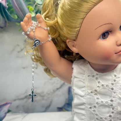 White Pearl Beaded Silver Chain & Cross • Doll Size Catholic Rosary for 18-22” Fashion or Vintage Dolls