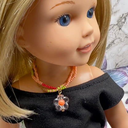Clear Flower Charm Pink Green Coral Brown Beaded Doll Necklace • 14 Inch Fashion Doll Jewelry